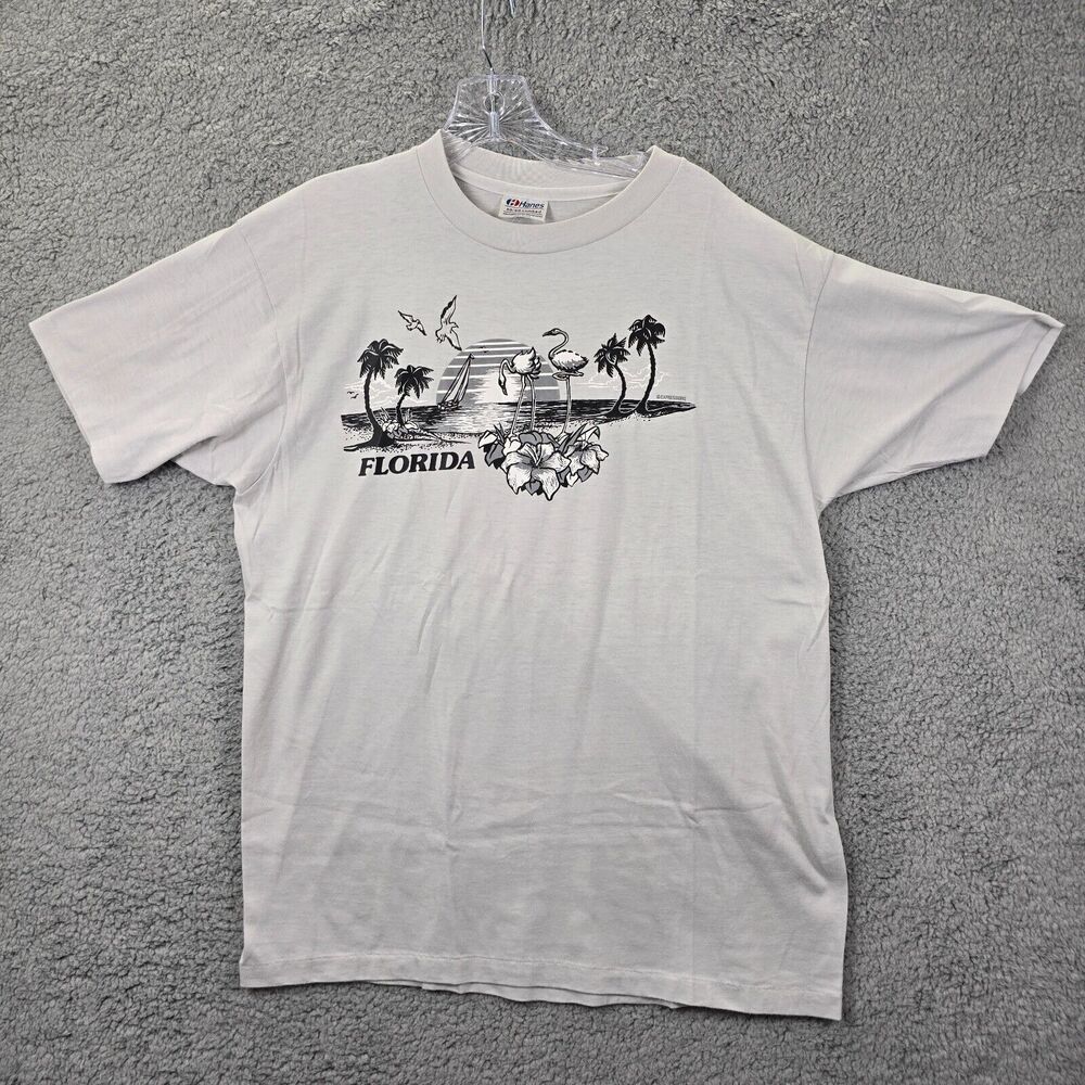 Vintage Hanes Fifty-Fifty Single Stitched Gray Florida Palm Tree Tshirt Size M